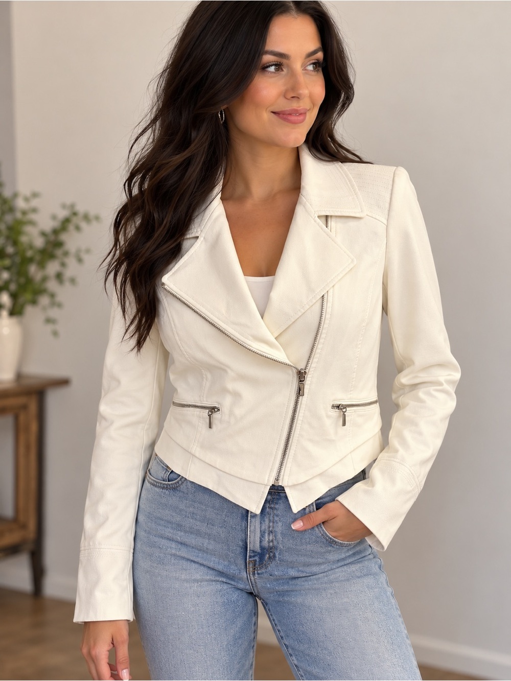 White House Black Market Cream Moto blazer